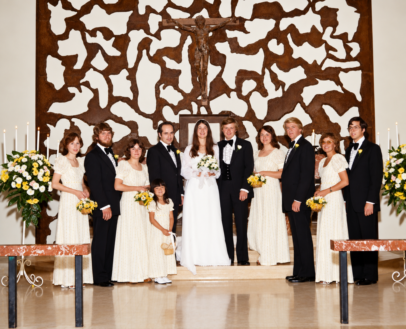 A wedding party portrait inside the church