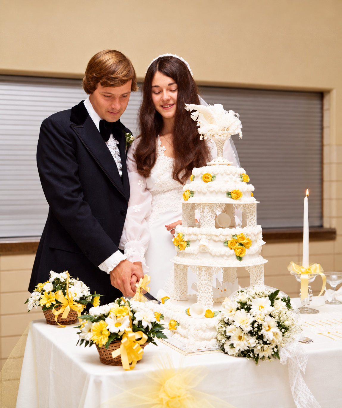Cindy and Ray cutting their wedding cake